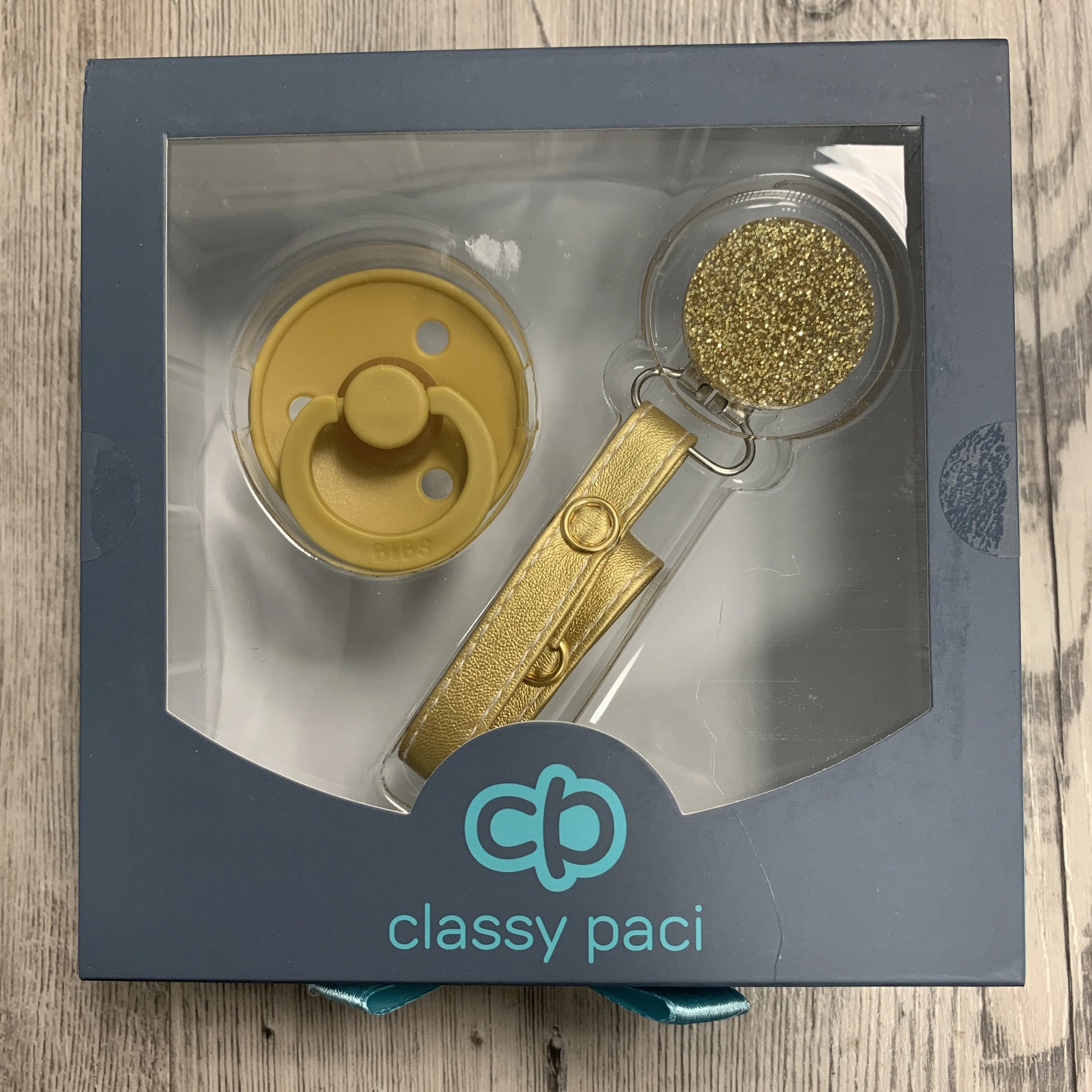 Classy Paci Clear with Gold Circle clip with Bibs Pacifier GIFT SET
