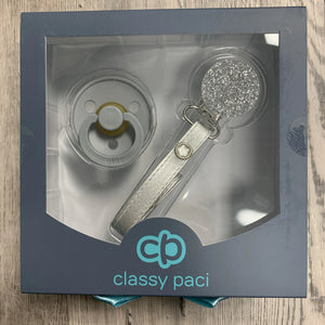 Classy Paci Clear with Silver circle clip with Bibs pacifier GIFT SET