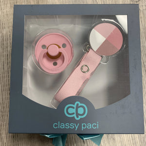 Classy Paci Hues of Pink blush, mauve Colorblock circle clip with BIBS pacifier GIFT SET