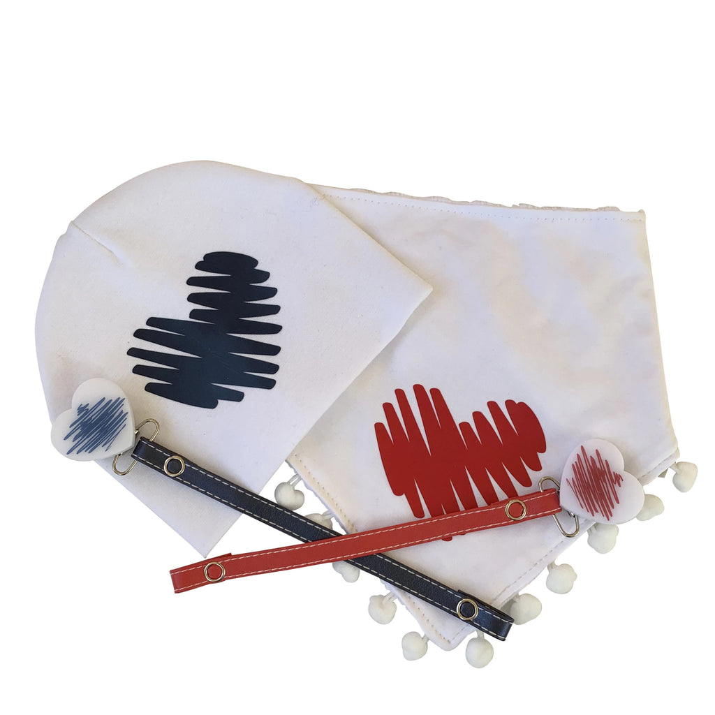 White with Red Doodle heart bib, hat pacifier clip DELUXE GIFT SET
