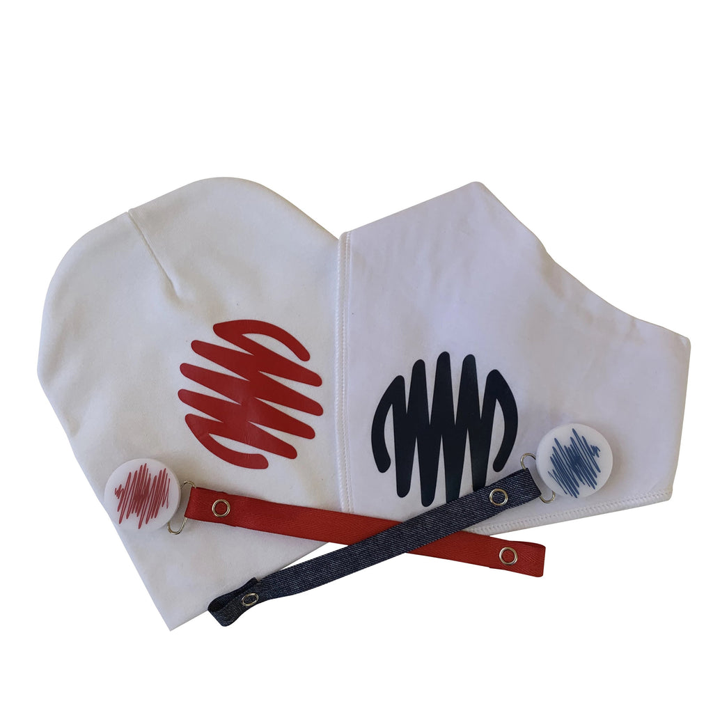 White with Red Doodle circle bib, hat, pacifier clip DELUXE GIFT SET