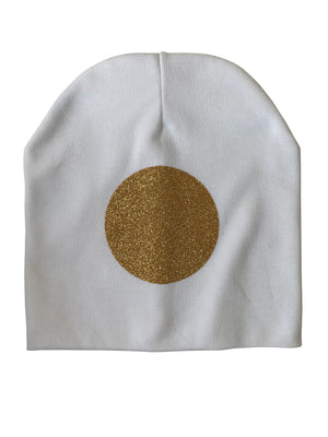 White with Gold circle sparkle bib, hat, pacifier clip DELUXE GIFT SET