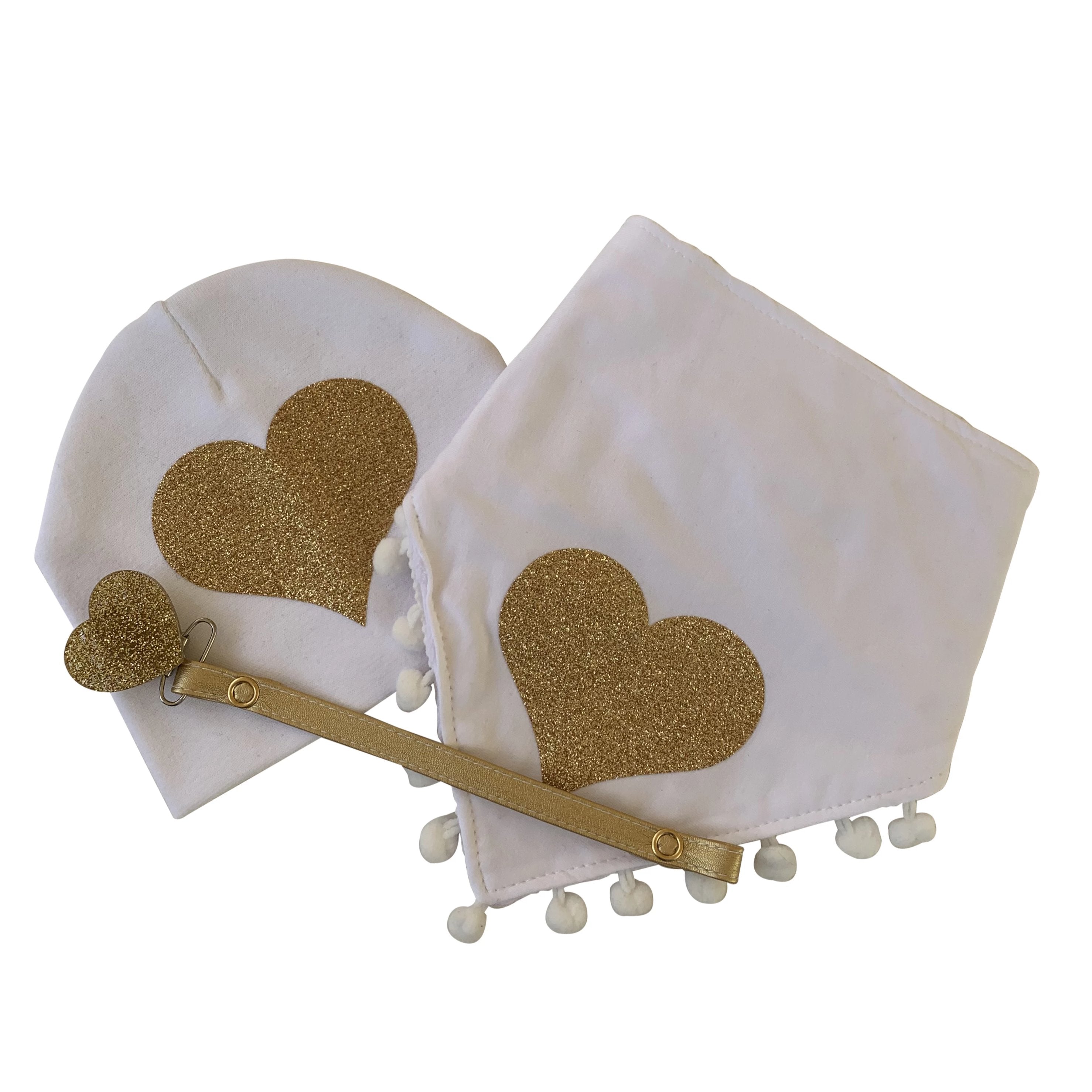 White with Gold sparkle heart bib, hat pacifier clip DELUXE GIFT SET