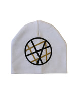 White CHIC with Black & Gold stripe circle bib, hat, pacifier clip DELUXE GIFT SET