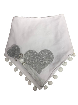 White with silver heart sparkle bib, hat, pacifier clip DELUXE GIFT SET