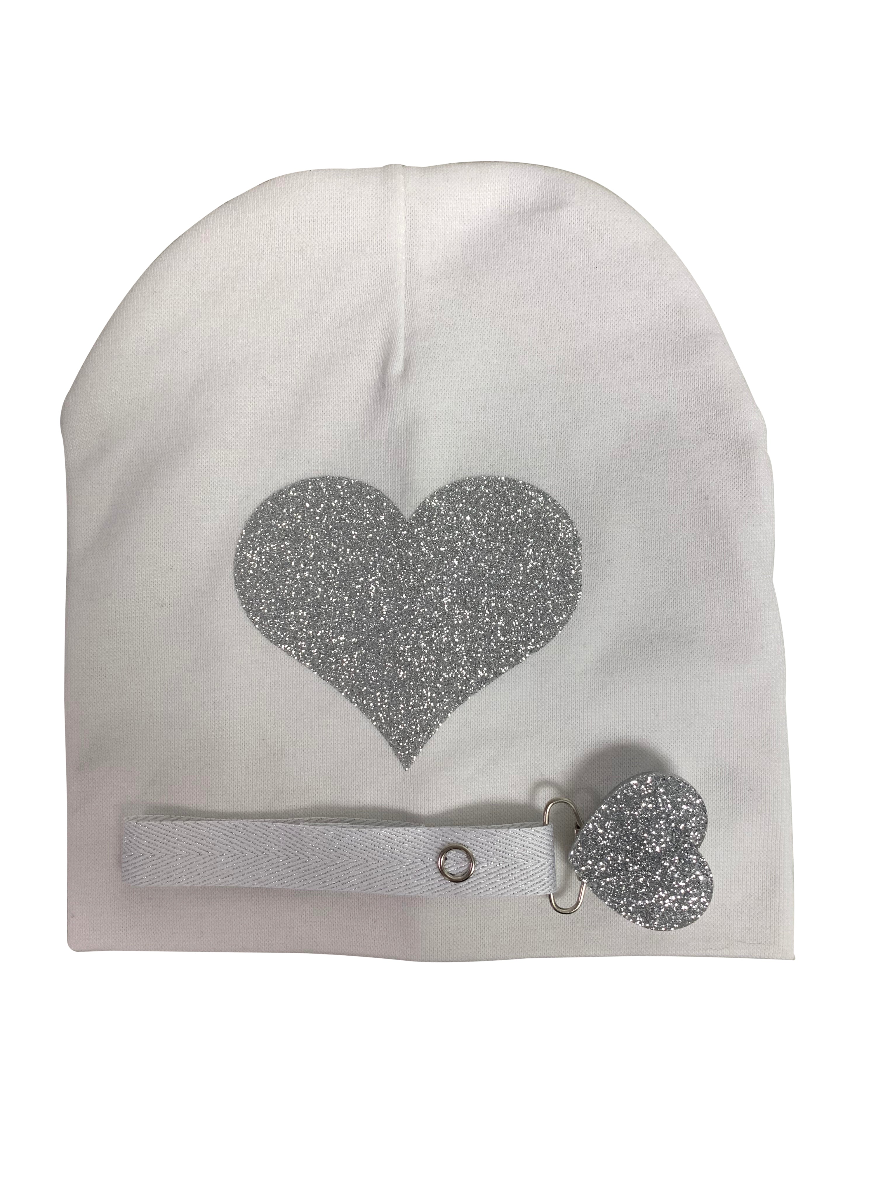 White with silver heart sparkle bib, hat, pacifier clip DELUXE GIFT SET