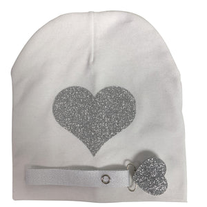 White with silver heart sparkle hat and clip GIFT SET
