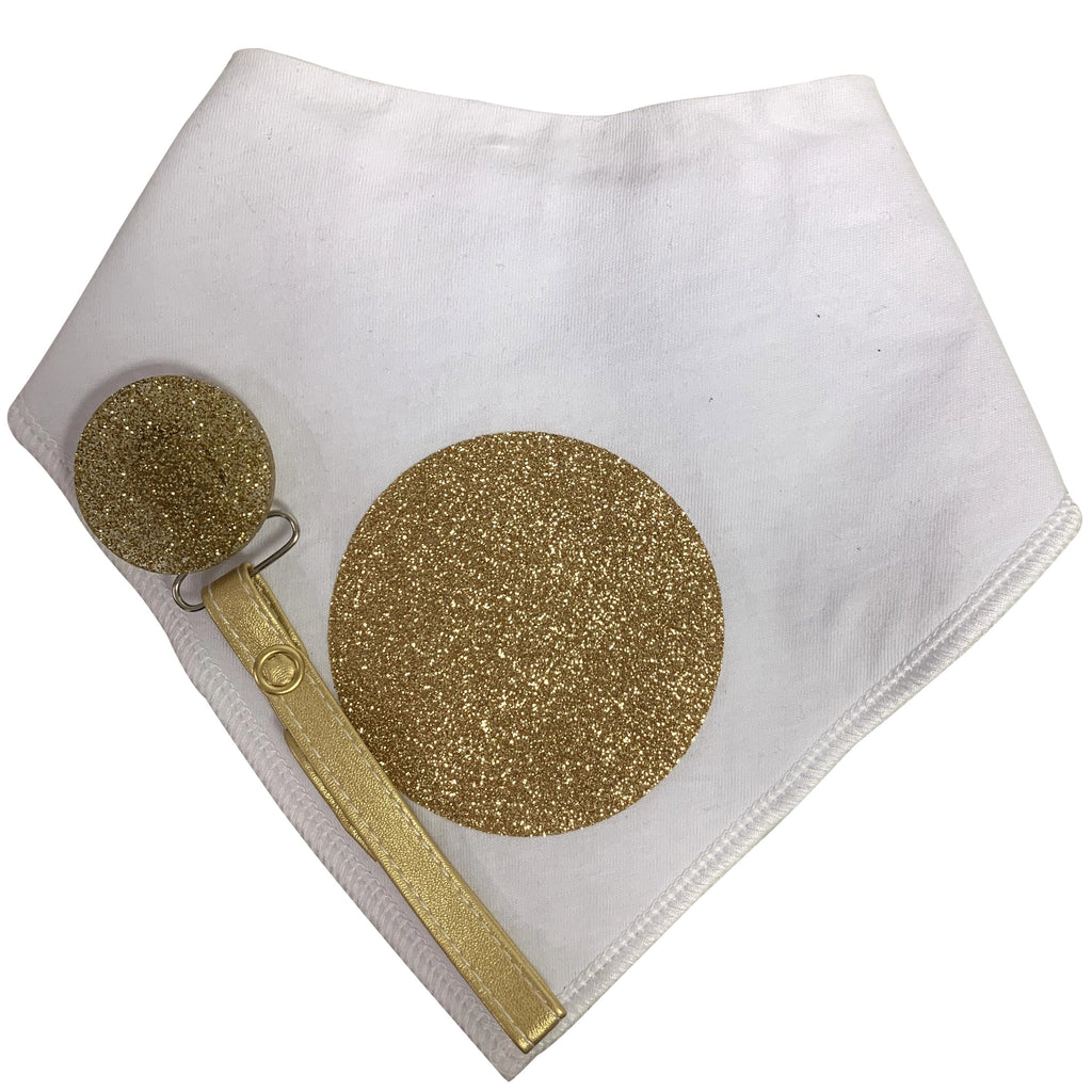 White with Gold circle sparkle bib and clip GIFT SET