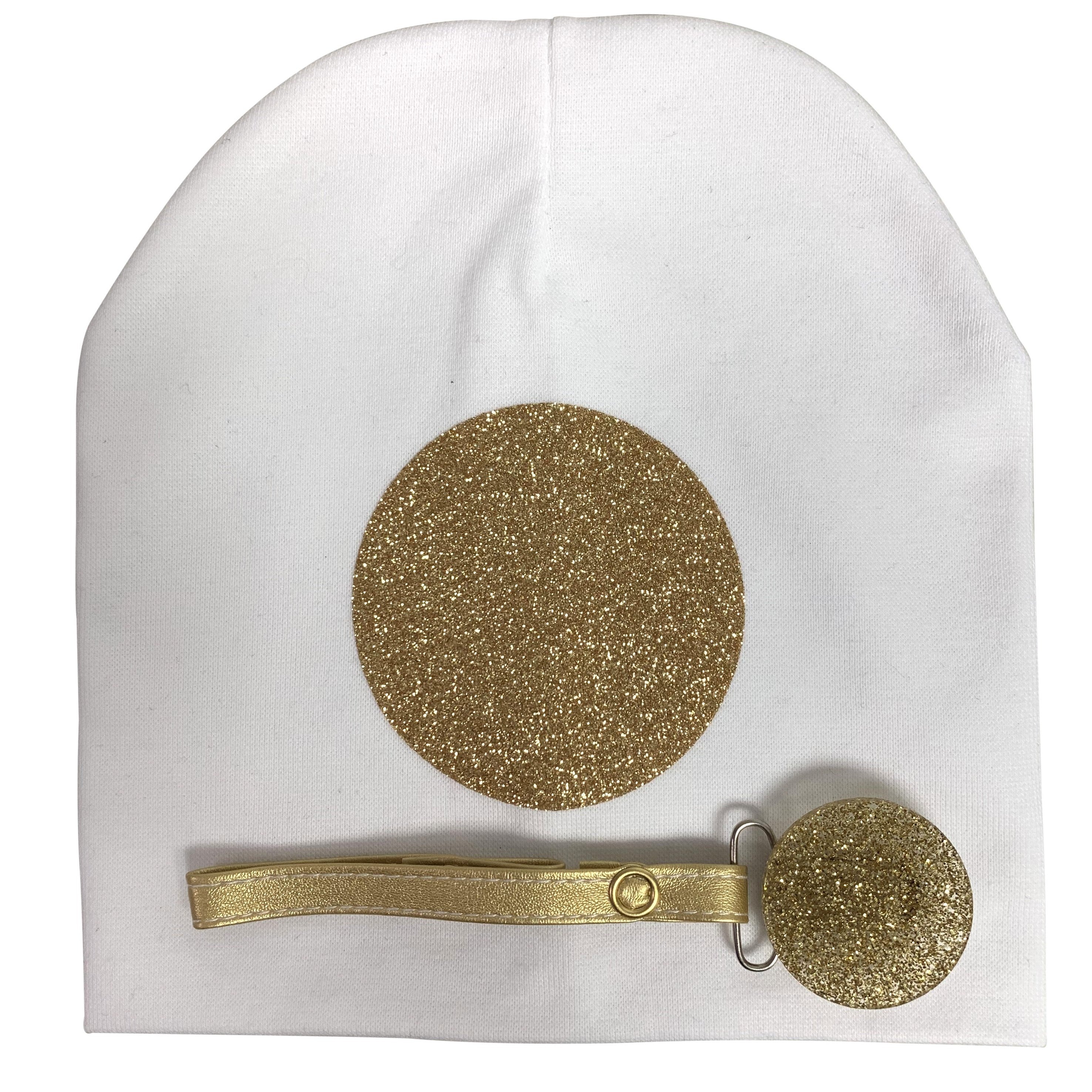 White with Gold circle sparkle hat and clip GIFT SET