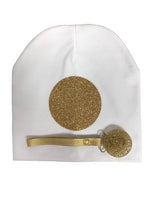 White with Gold circle sparkle bib, hat, pacifier clip DELUXE GIFT SET