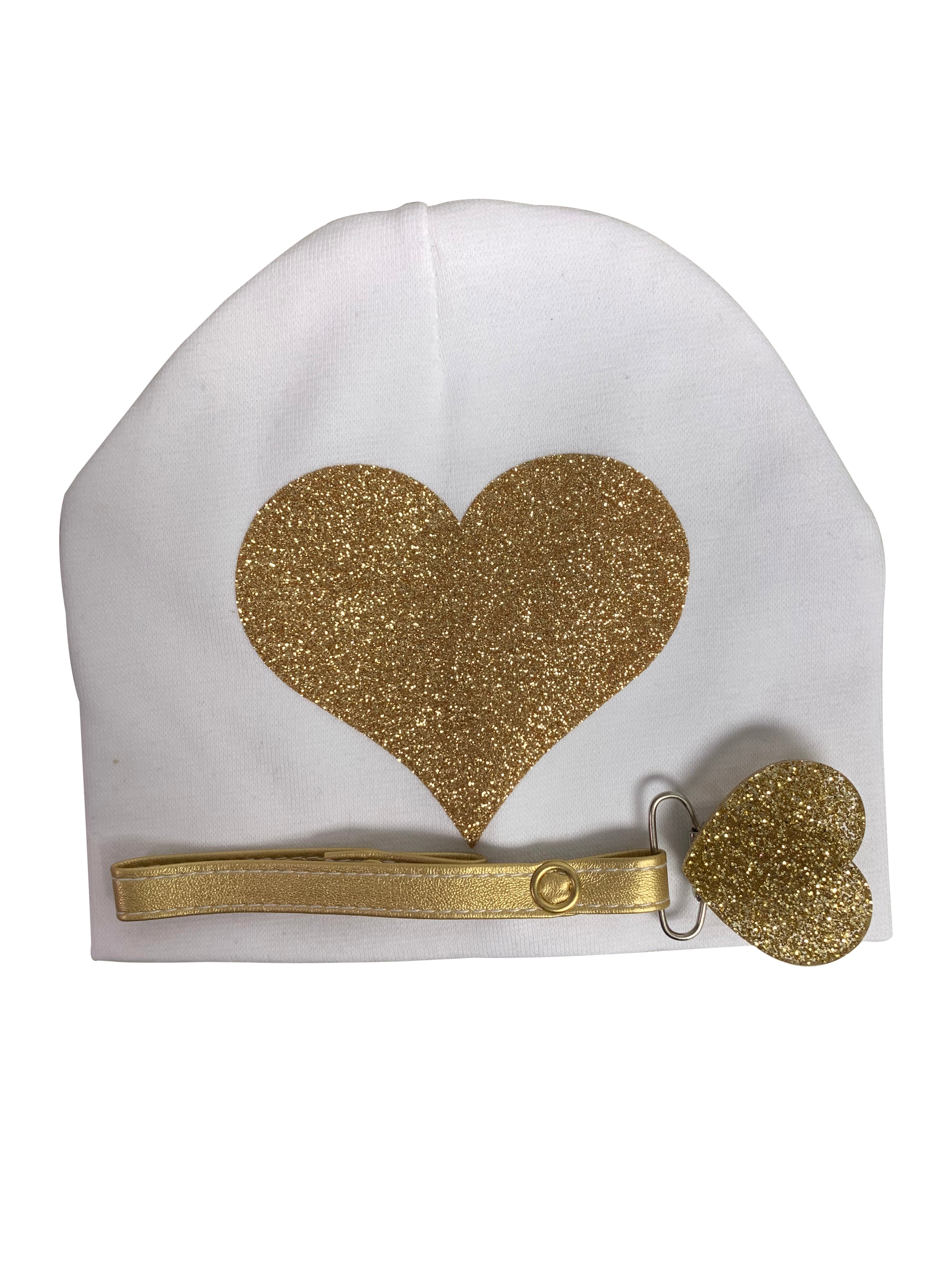 White with Gold sparkle heart bib, hat pacifier clip DELUXE GIFT SET