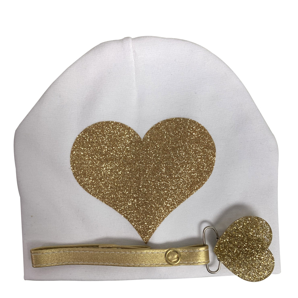 White with Gold sparkle heart hat and clip GIFT SET