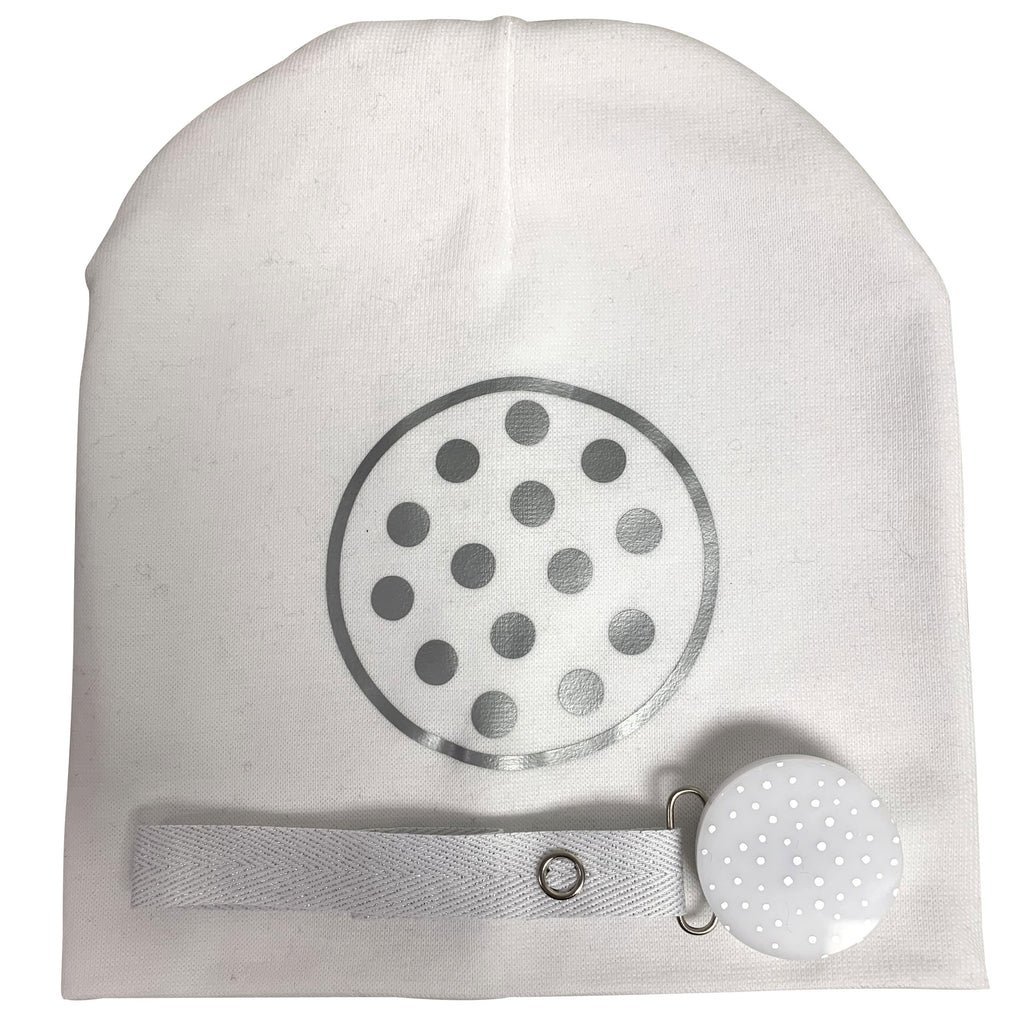 White CHIC with Silver dot circle hat and clip GIFT SET