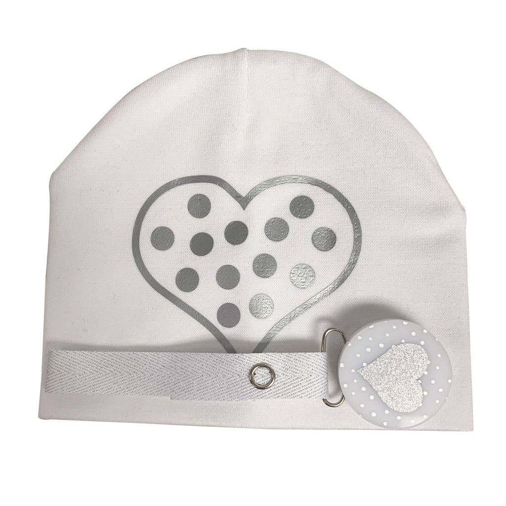 White CHIC with Silver dot heart hat and clip GIFT SET