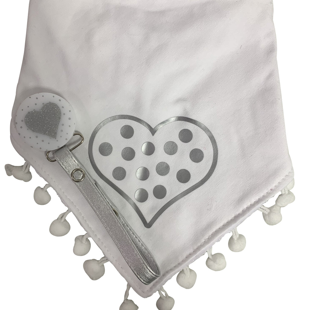 White CHIC with Silver dot heart bib and clip GIFT SET
