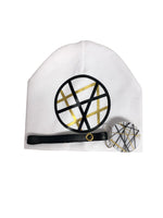 White CHIC with Black & Gold stripe circle bib, hat, pacifier clip DELUXE GIFT SET
