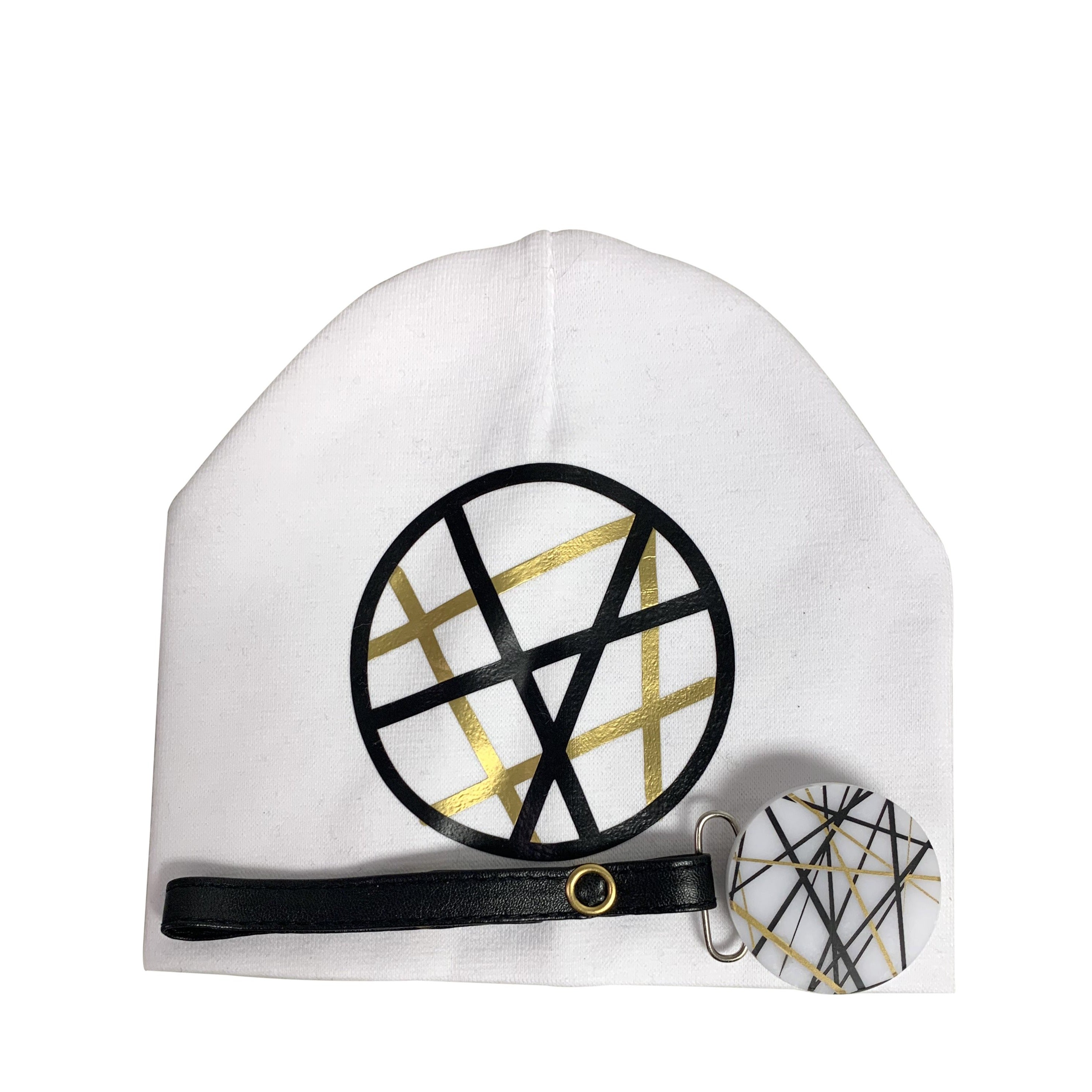 White CHIC with Black & Gold design circle hat and clip GIFT SET