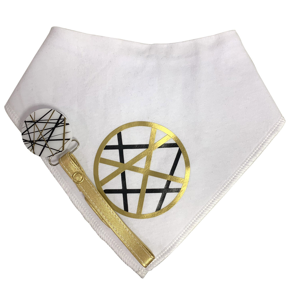 White CHIC with Black & Gold design circle bib clip GIFT SET