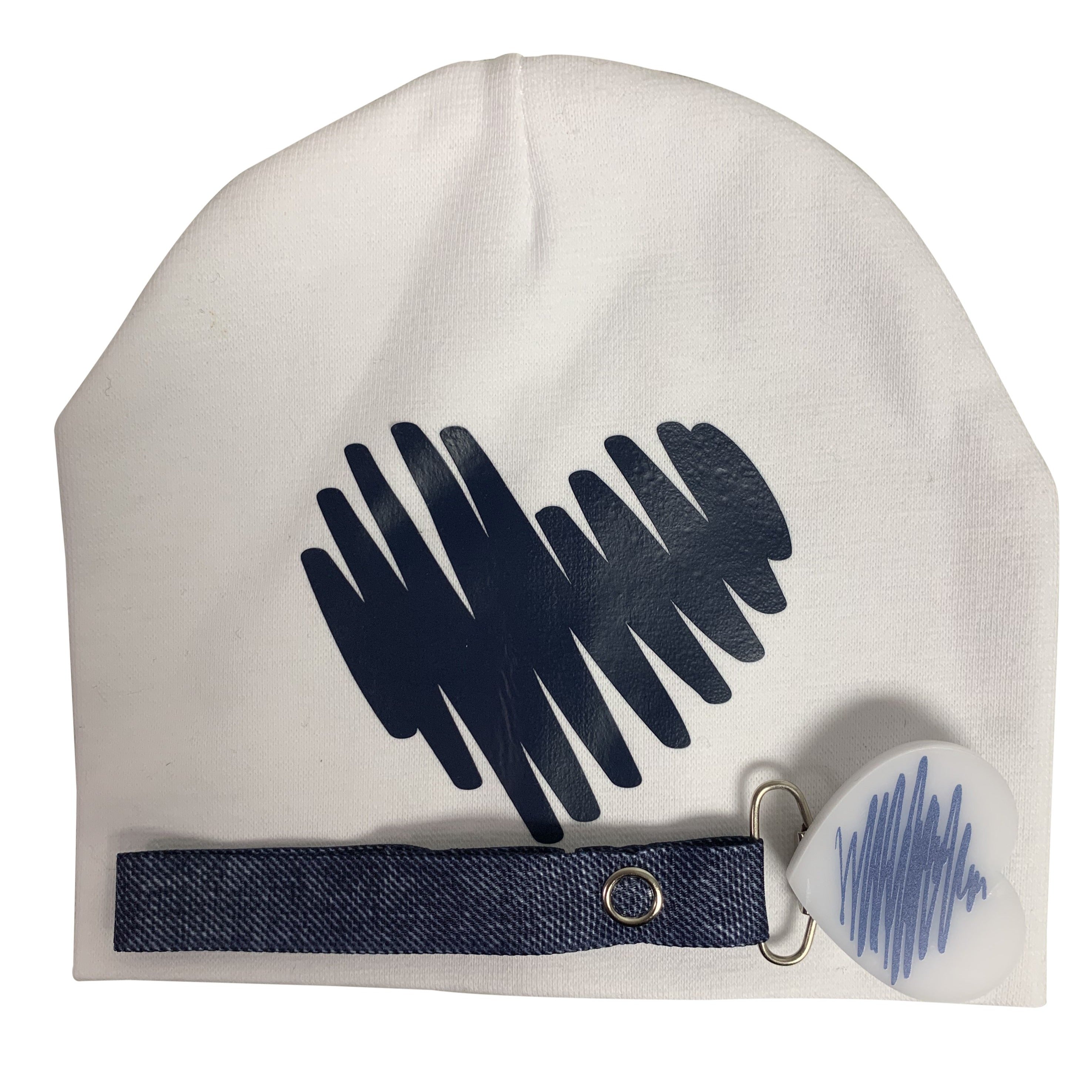 White with navy Doodle heart hat and clip GIFT SET
