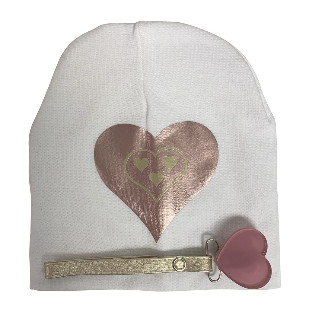White SLEEK pink gold heart hat and clip GIFT SET