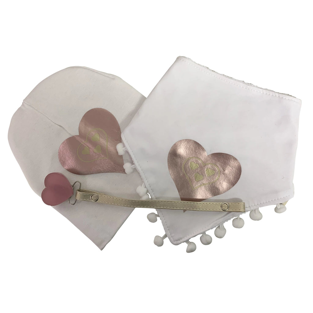 White SLEEK pink gold heart bib, hat, pacifier clip DELUXE GIFT SET