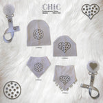 White CHIC with Silver dot circle bib, hat pacifier clip DELUXE GIFT SET