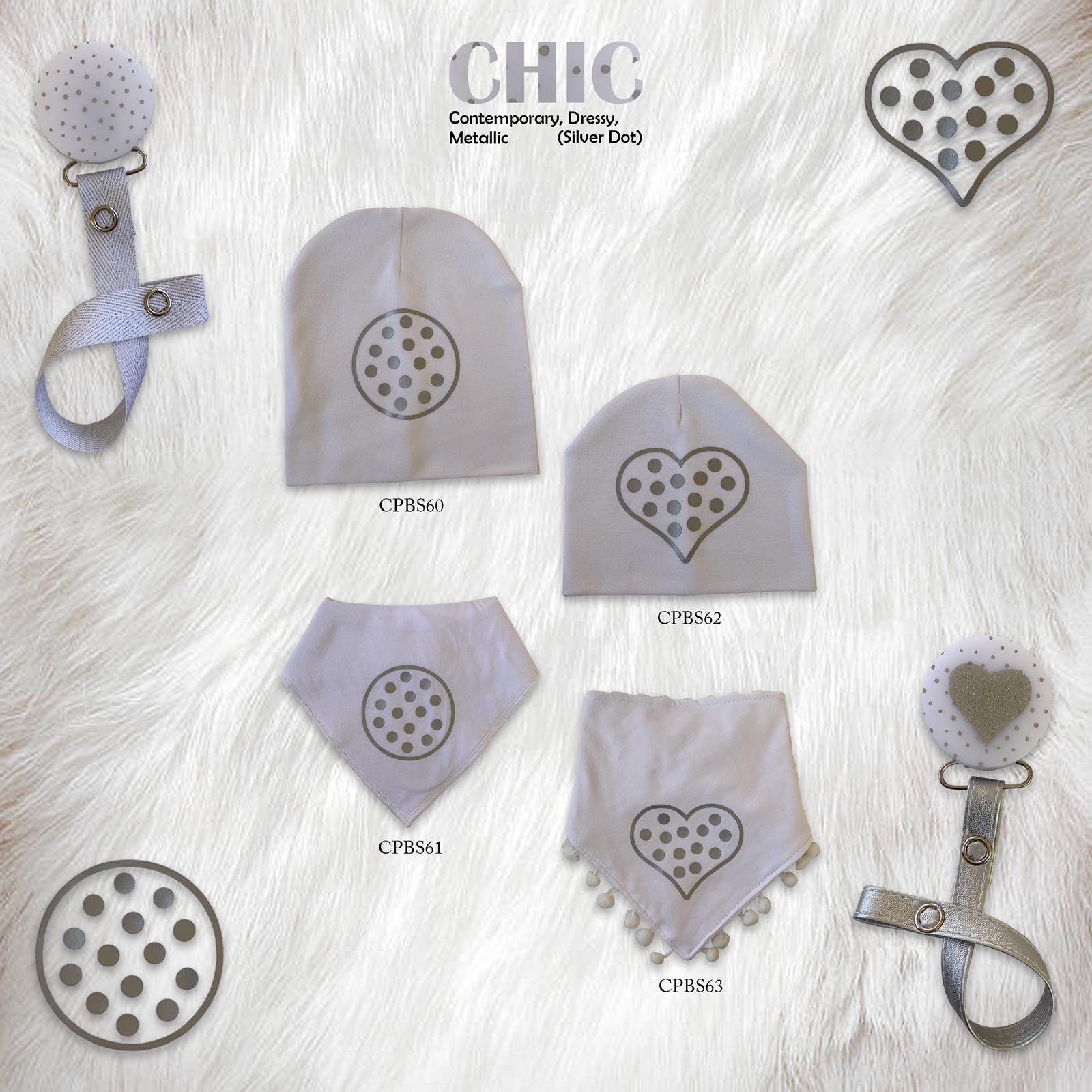 White CHIC with Silver dot circle bib and clip GIFT SET