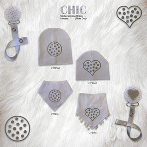 White CHIC with Silver dot circle bib and clip GIFT SET