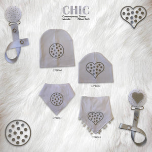 White CHIC with Silver dot heart bib, hat, pacifier clip DELUXE GIFT SET