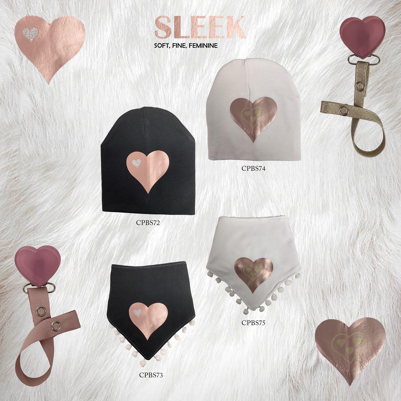 White SLEEK pink gold heart bib, hat, pacifier clip DELUXE GIFT SET
