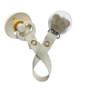 Classy Paci sparkle cream leather Teddy, Gold, Beige, girl boy baby pacifier clip GIFT SET