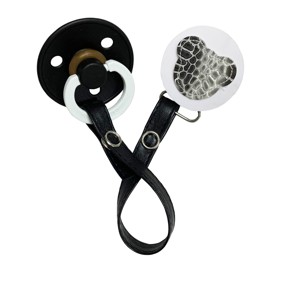 Classy Paci Black White Croc Teddy, Grey, girl boy baby pacifier clip GIFT SET