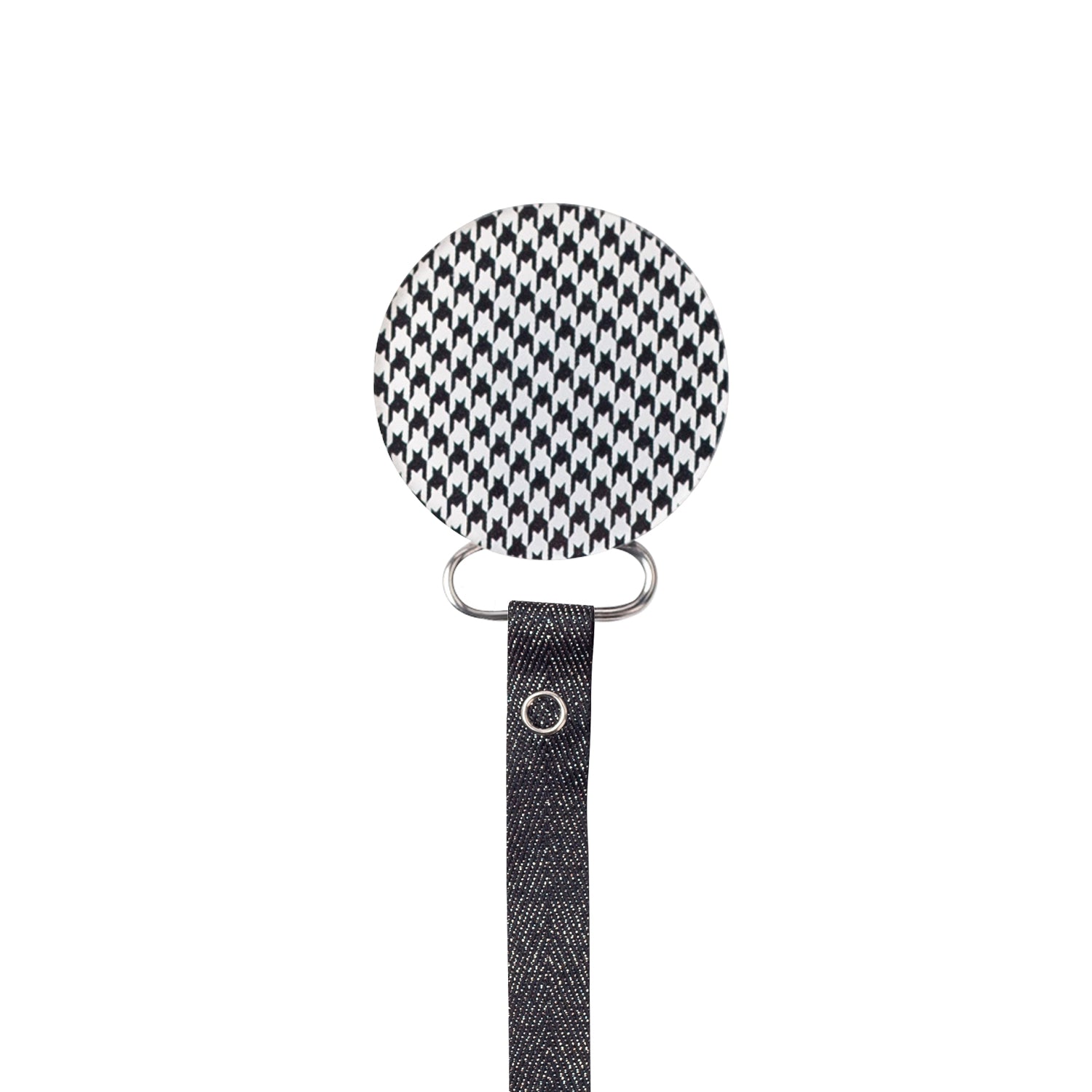 Classy Paci Houndstooth Black White Check Circle, white, grey, red, gold, baby boy girl pacifier clip