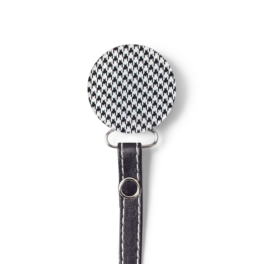 Classy Paci Houndstooth Black White Check Circle, white, grey, red, gold, baby boy girl pacifier clip