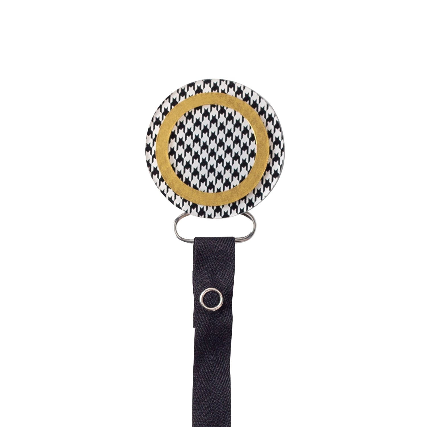 Classy Paci Houndstooth Black White Check Circle with Gold, white, grey, gold, baby boy girl pacifier clip