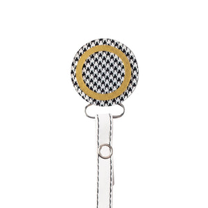 Classy Paci Houndstooth Black White Check Circle with Gold, white, grey, gold, baby boy girl pacifier clip