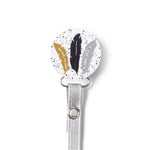 Classy Paci Tri Feather metallic, white, gold, silver black baby girl boy pacifier clip
