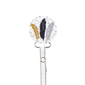 Classy Paci Tri Feather metallic, white, gold, silver black baby girl boy pacifier clip