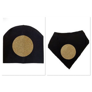 Black with Gold circle sparkle bib, hat and clip DELUXE GIFT SET