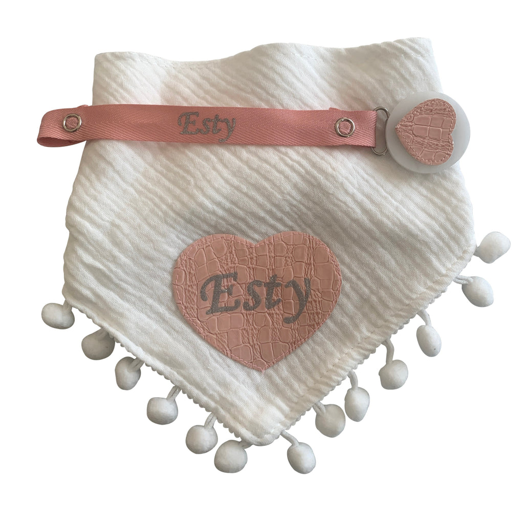 Peach Mauve crocodile leather heart bib and clip GIFT SET