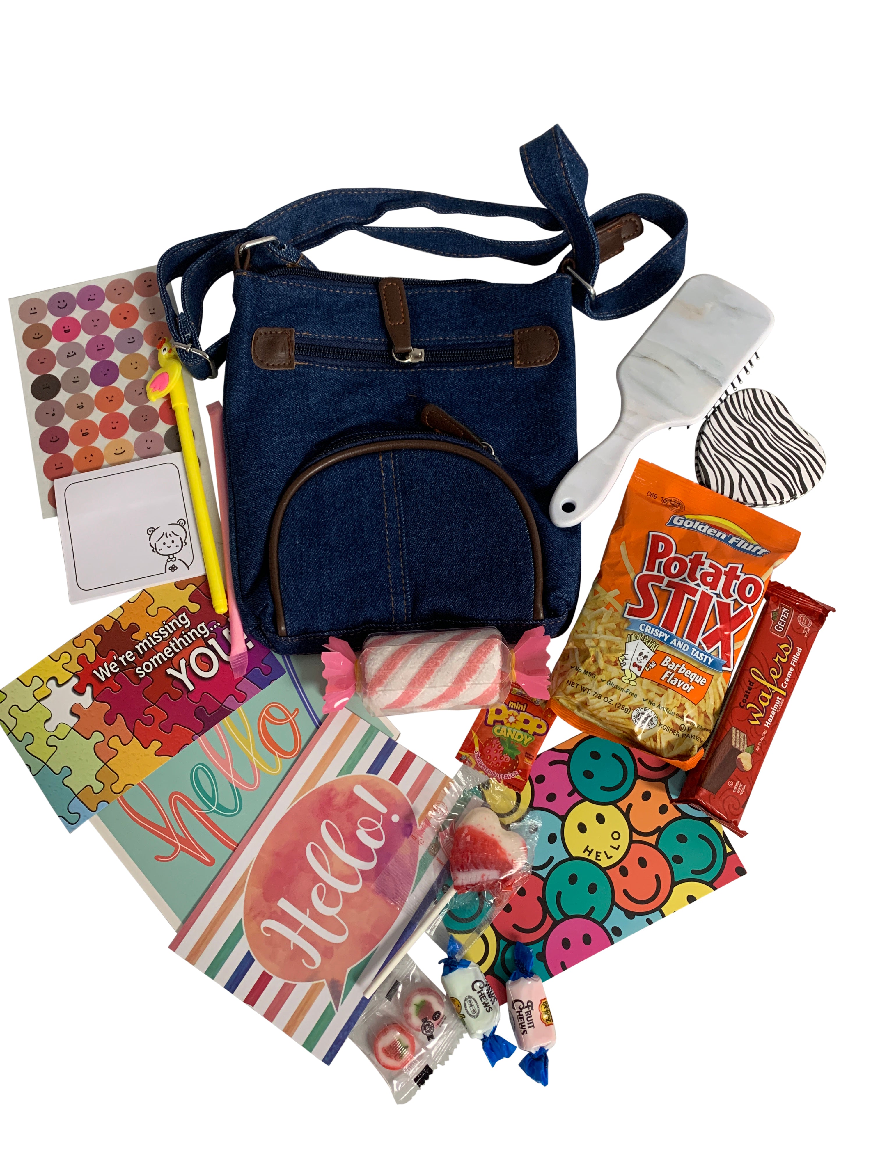 "Bag of Fun" Camp Packages for girls in an adorable useful denim side bag / brush/ towel with lots of more goodies