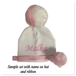 Grey & White fur pom pom hat with pacifier clip GIFT SET