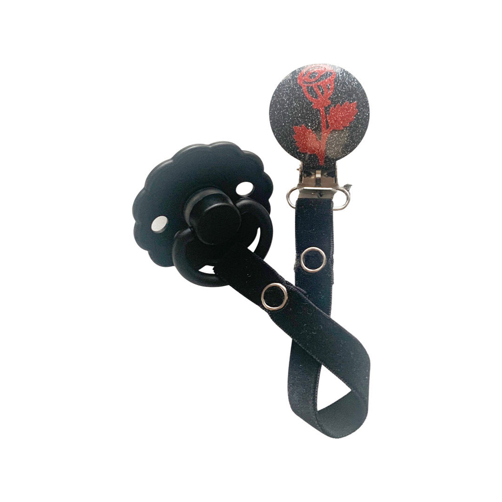 Classy Paci Black with brick red Rose GIFT SET Pacifier Clip FW21-22