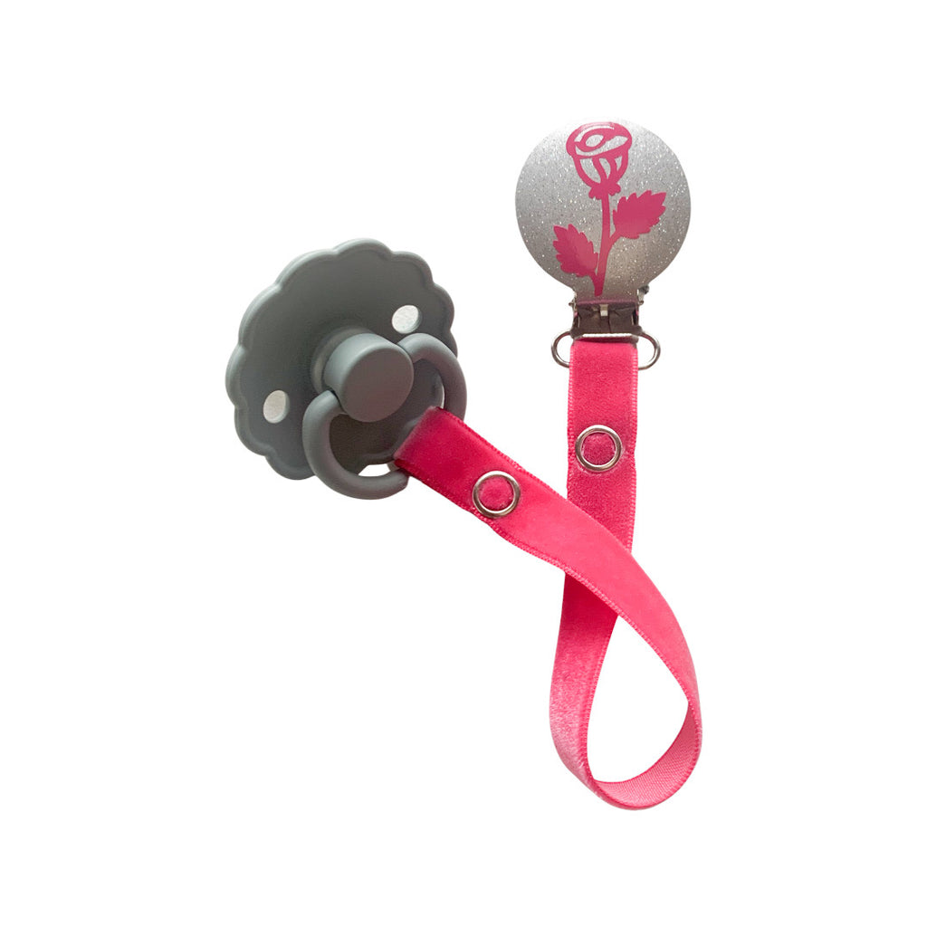 Classy Paci Silver with Hot Pink Rose Pacifier Clip GIFT SET FW21-22