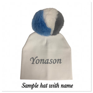 Grey & Blue fur pom pom hat with pacifier clip GIFT SET