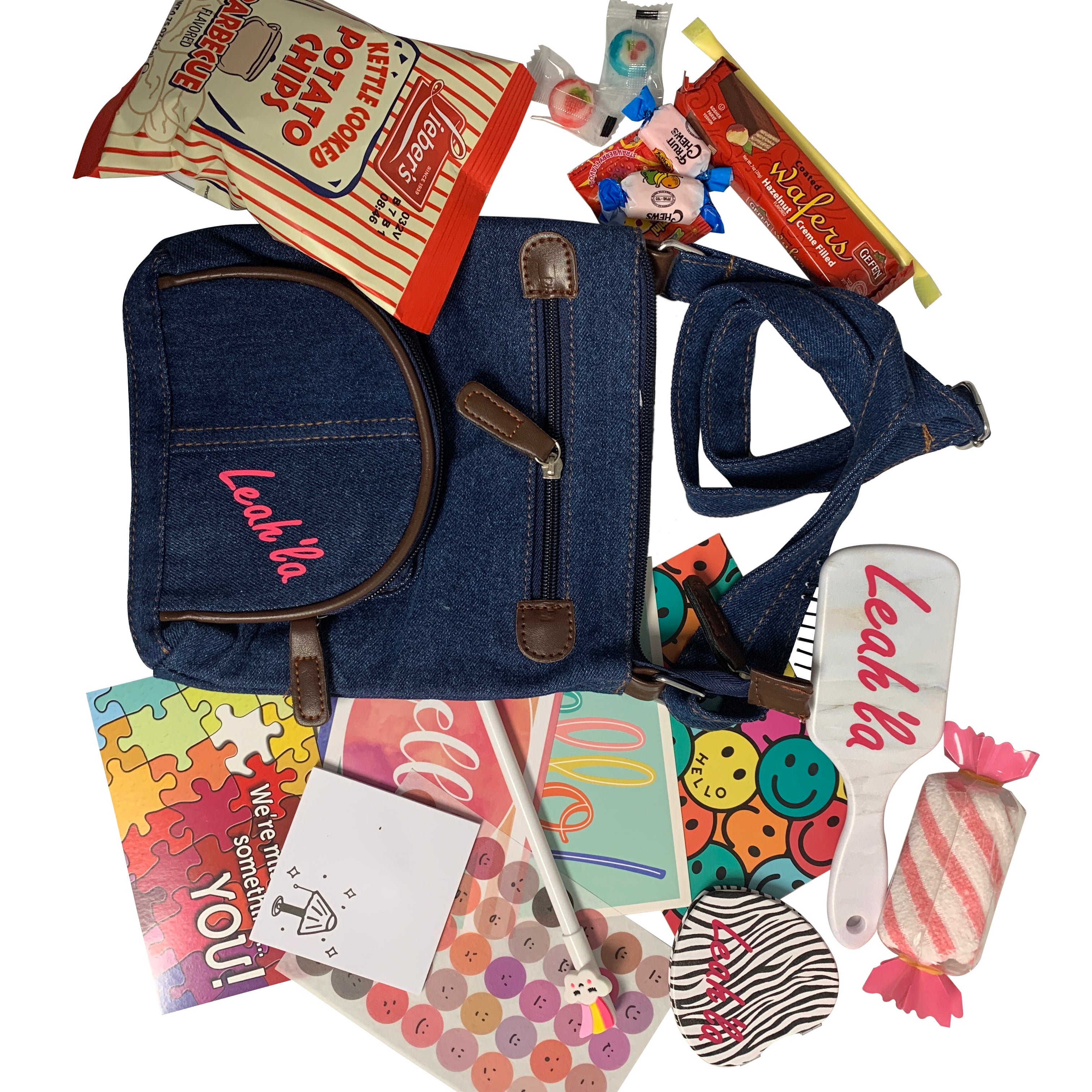 "Bag of Fun" Camp Packages for girls in an adorable useful denim side bag / brush/ towel with lots of more goodies