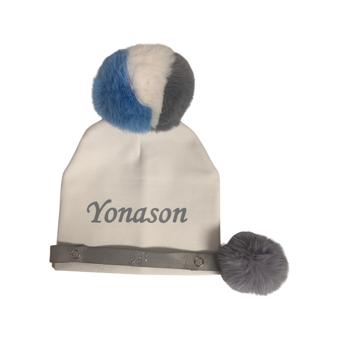 Gray Blue & White fur pom pom hat with pacifier clip GIFT SET