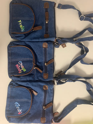 Denim personalized bag / trip, side/ crossbody bag school. camp