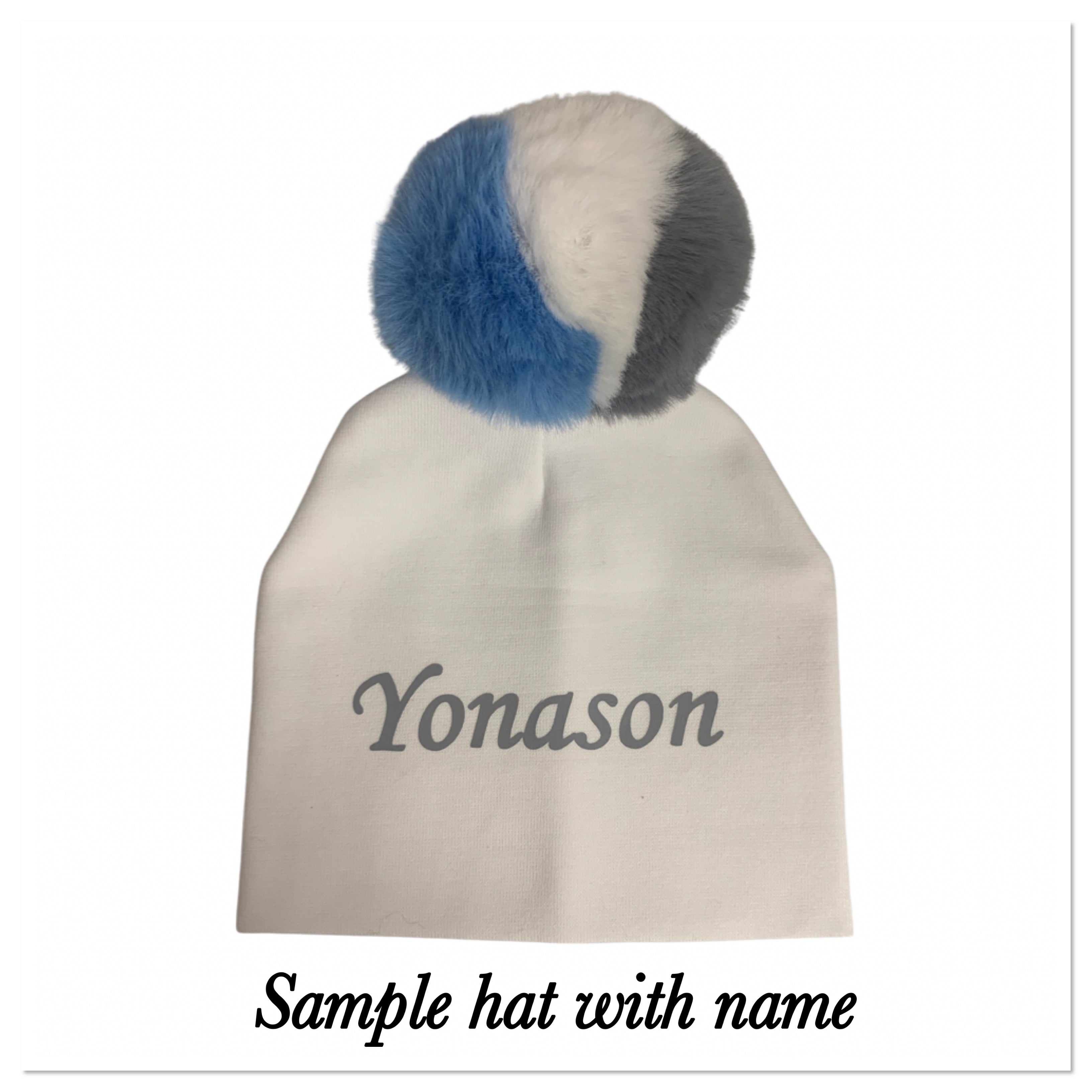 Blue & White fur pom pom hat with pacifier clip GIFT SET