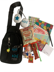 "Bag of Fun" Camp Packages for boys in an adorable useful trip bag / lamp with lots of more goodies